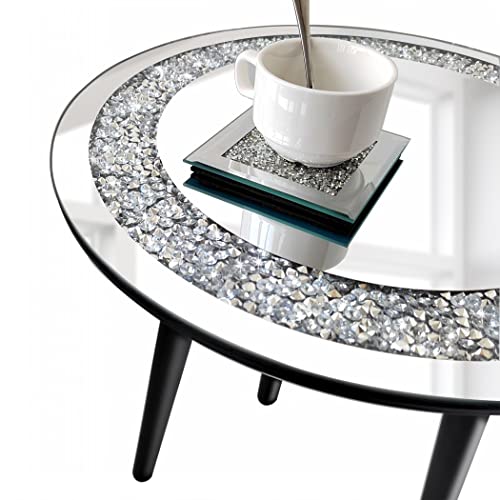 Stylishia Mirrored End Table For Living Room Round 16" W X 16" D X 16" H Glam Crystal Crushed Diamond Bling Mirror Side Table Furniture, Accent Modern Silver Mirror Coffee Table Home Decor #TOP5