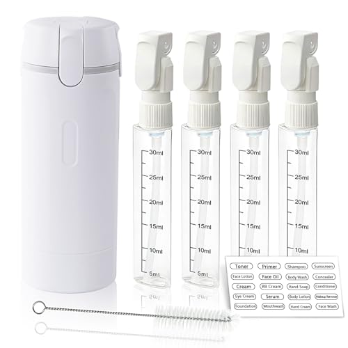 4 in 1 Travel Dispenser Bottle with Cleaning Brush 4 Pack 30ml Leak Proof Refillable Travel Size Toiletries Containers for Shampoo Conditioner Portable Travel Bottles Set for Vacation Camping & Gym
