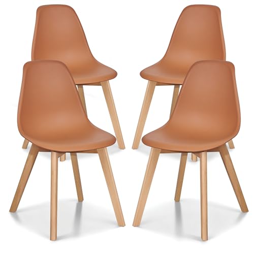 VECELO Dining Chairs Set of 4 Mid-Century Modern Kitchen & Dining Room Chairs Molded Plastic Seat & Back Solid Wood Legs Armless Non-Slip Feet Orange