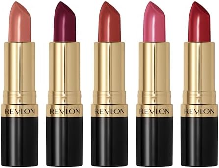 REVLON Super Lustrous Lipstick Gift Set, 5-Piece, Creamy Formula, Moisturized Feel, 755 Bare It All, 477 Black Cherry, 535 Rum Raisin, 805 Candied Rose, 810 Uncut Ruby