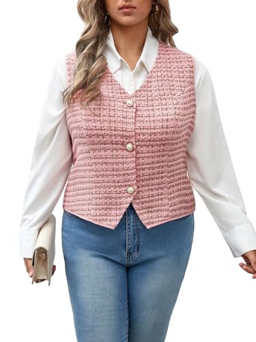 WDIRARA Women's Plus Size Plaid Print Tweed Waistcoat Button Front Sleeveless Vest Blazer Jackets