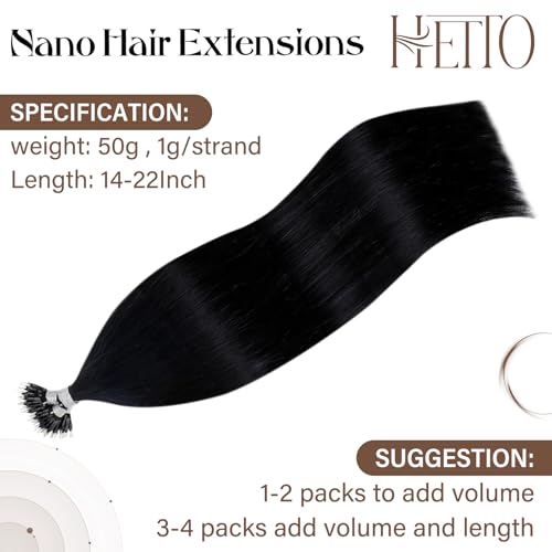 Hetto Nano Hair Extensions Real Human Hair Black 22 Inch, Natural Invisible Nano Beads Extensions - Image 2