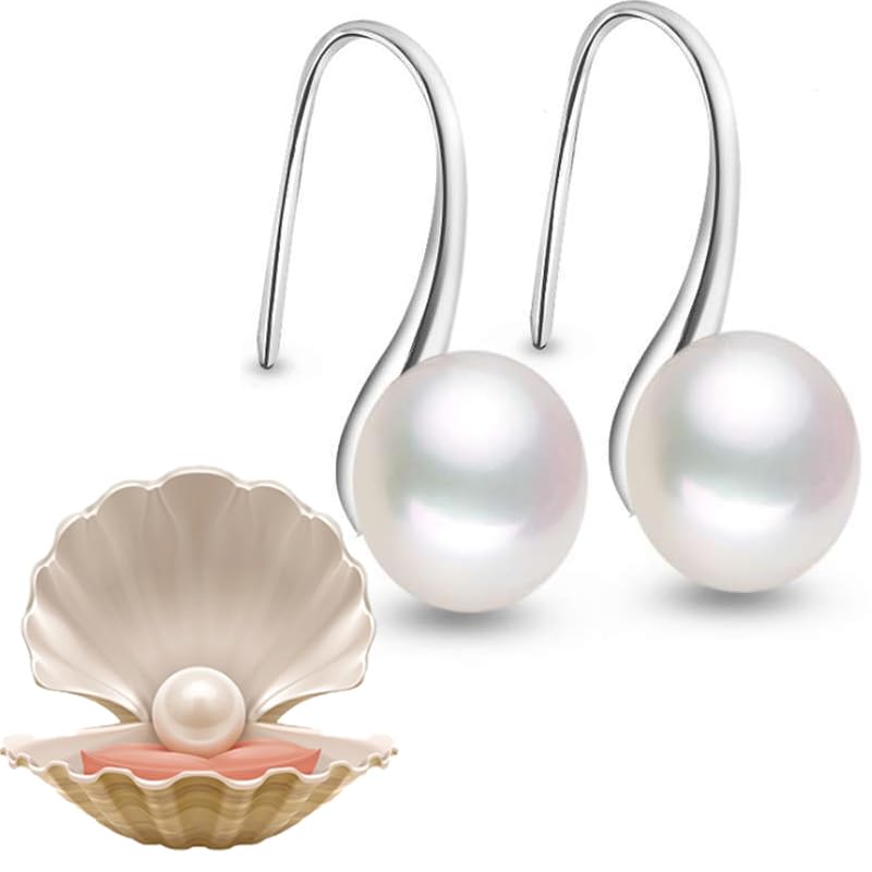 925 Sterling Silver Hoop Handpicked AAA+ Quality 7.5-8mm White Freshwater Cultured Pearl Dangle Drop Earrings Jewelry for Women