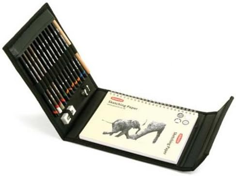 Derwent 2300218 Sketching Wallet with Mixed Media Sketching Pencils, Accessories and A5 Landscape Sketchpad, Grey