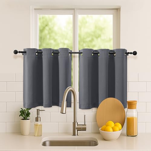 Image of Simplebrand Grey Short Kitchen Curtains 24 Inch Length 2 Panels Set, Small Windows Room Darkening Curtain for Bathroom, Cabinet, Basement, RV Camper, Thermal Insulated Short Drapes, 40 x 24 Inch