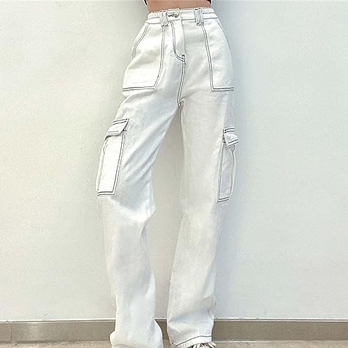 Womens Trendy Cargo Jeans High Waisted Wide Leg Denim Pants Casual Baggy Y2K Teen Girl Streetwear Pants with Pockets2