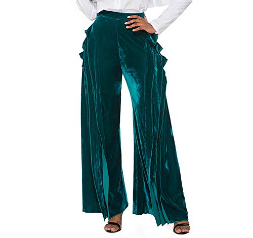 AOMEI Wide Leg Pants for Women Casual Velvet Elastic Waist Ruffle Trousers with Zipper (XL) Green