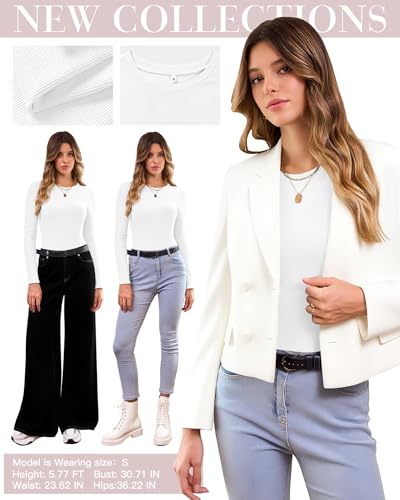 WNEEDU Langarmshirt Damen Rundhals Pullover Elegant T-Shirt Langarm Gerippt Slim Oberteile Stretch Basic Tops Weiß M