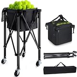 TOBWOLF Foldable Tennis Ball Cart, Holds 160 Tennis Balls, Portable Tennis Ball Hopper with Wheels, Compact & Lightweight Tennis Teaching Cart Practice Hopper for Baseball Softball Tennis Pickleball