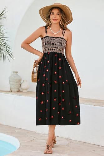 Image of R.Vivimos Womens Summer Cotton Boho Midi Dress 2026 Spaghetti Strap Floral Embroidered Smocked Tiered Flowy Long Dresses