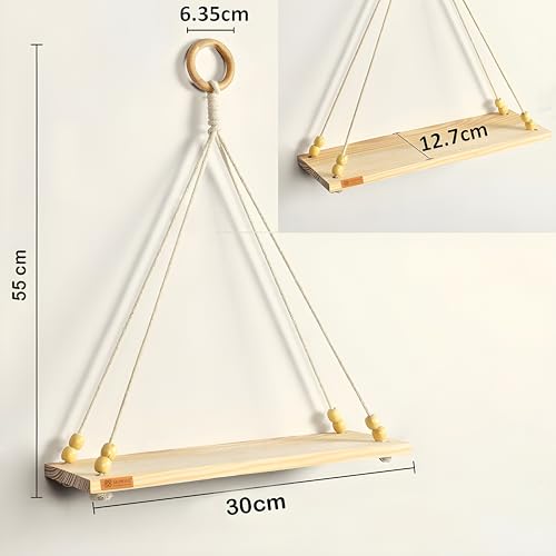 Image of Hanging Shelf with Magic Hook, Use Decor Plants, Books, Decorative Gift Items Nursery Livingroom Wooden Beads & Ring Woven Bohemian Chic for Dorm