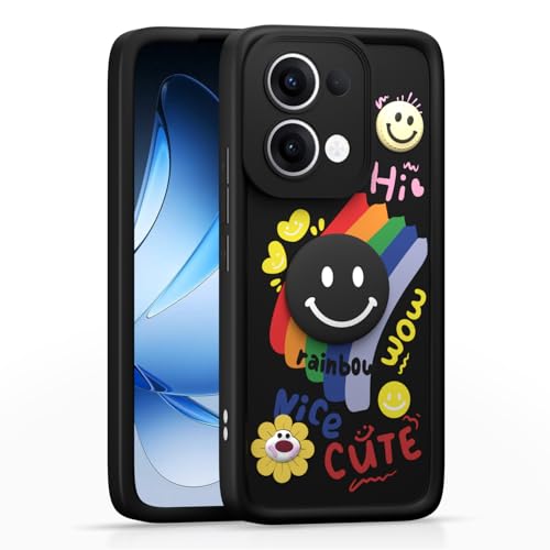 Image of Pikkme Back Cover for Oppo Reno 13 5G | Soft Silicone| Cute Rainbow Smile & 3D Cartoon Flower Design | Shockproof Raised Camera Protection Bumper Case (Black)