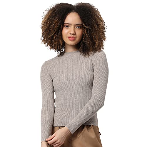 Image of PINACOLADA Women Greige Ribbed Regular Fit Sweater For Winter Wear | Round Neck | Full Sleeve | Woolen Sweater | Casual Jacket For Woman & Girl | Western Stylish Jacket For Women