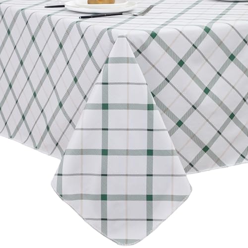 Image of Heavy Duty Vinyl Tablecloth with Flannel Backing Waterproof Oil-Proof Plastic Table Cloth Stain-Resistant Wipeable Rectangle or Square Table Cover for Indoor and Outdoor (Green Plaid,60x102 Inch)