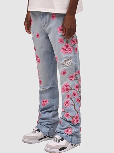 Ripped Stacked Jeans for Men Floral Embroidery Skinny Bootcut Jeans Stretch Slim Fit Straight Leg Denim Pants2