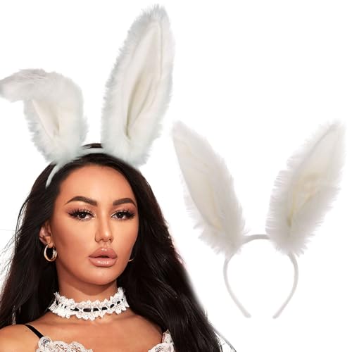 Aceorna White Bunny Ears Furry Rabbit Ears Headbands Cute Easter Bunny Head Bands Festival Hair Accessories for Women (White, One Size)
