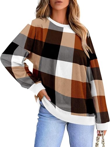 KISSMODA Women's Casual Long Sleeve Sweatshirt Color Block/Solid Crewneck Corduroy Pullover Cute Tops