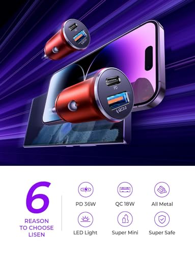 Image of LISEN 2-Pack USB C Car Charger Adapter Fast Charge, 48W All Metal Cigarette Lighter USB Charger for iPhone 15 Smallest Flush Car Charger USB C for iPhone 14 Pro Max 13 12 Galaxy S23 /22 iPad Pro-Red | Cigarette Lighter USB Charger, Car Accessories for Men Women Father, All Metal USB Car Charger, 2-Pack, Red