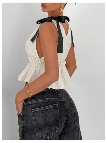 Milumia Women's Y2k Bow Knot Babydoll Tank Top Textured V Neck Sleeveless Ruffle Crop Tops3