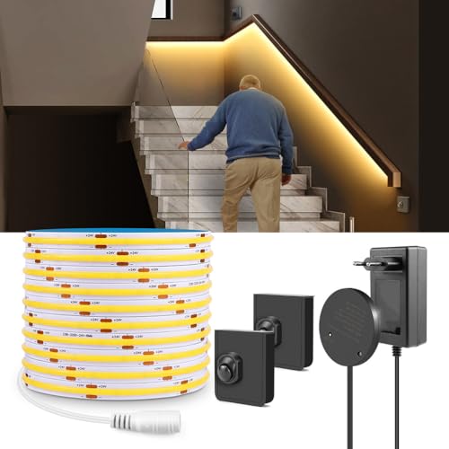 AoLa Striscia LED con sensore di movimento interni, bianco caldo 3000K 3M 960LED con 2 pezzi Interruttore portatile a batteria sensore di movimento Striscia interni Luce di movimento per scale,10M