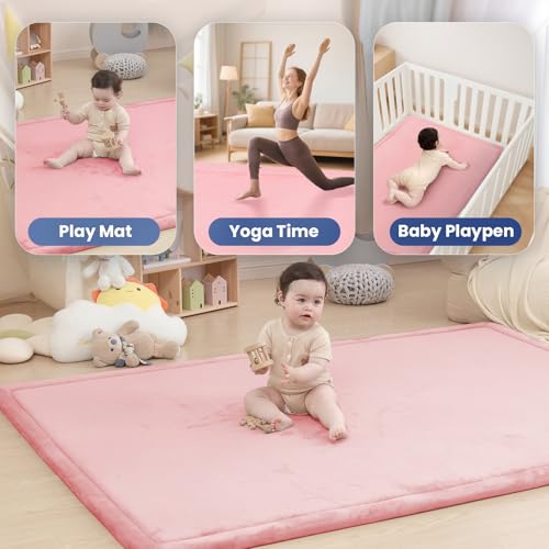 Image of Huloo Sleep Ultra Soft Baby Play Mat for Floor, 1.3 inch Thick Elasti-Foam 59x59 Play Mat for Playpen,Water-Repellent Coral Velvet for Tummy Time, Non-Slip Backing,Safe for Toddlers & Infants(Pink)