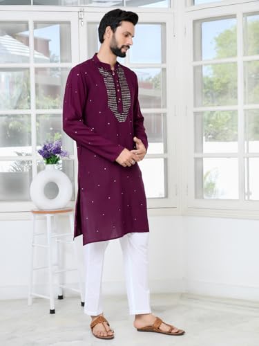 Image of See Designs Men's Full Sleeve Mandarin Collar Sequins Embroidered Chanderi Straight Long Kurta with Yoke Design - Festive Collection