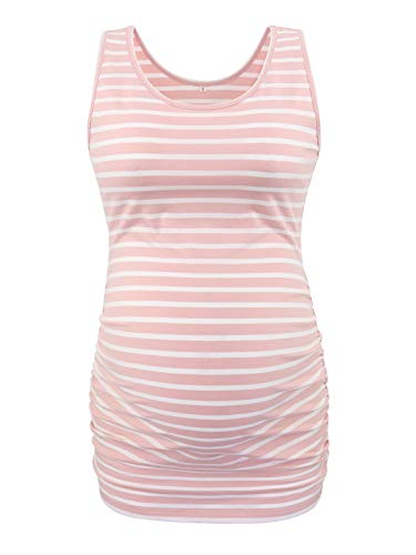 Ecavus 3Pcs Womens Layering Maternity Tank Top Pregnancy Shirt Scoop Neck Sleeveless Ruched Vest (L, Black/Pink Stripe/Floral53) #TOP6