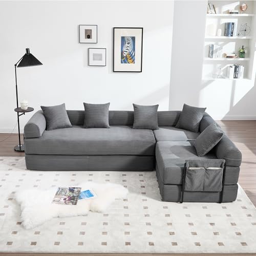 Sapgaks Canapé Convertible 4 Places avec Structure en métal Robuste, Poches latérales et 5 Coussins,canapé modulaire en Velours côtelé,Peut être combiné...