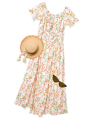 Image of Holipick Women's Off The Shoulder Boho Dress Plus Size Floral Smocked Waist Split Summer Maxi Sundress with Pockets