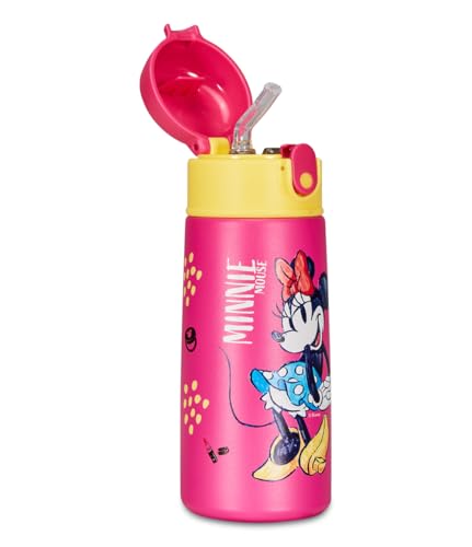 Botella térmica Minnie – para niños con pajita, 460 ml, sin bisfenol A, para guardería, escuela primaria, de acero inoxidable, mantenimiento de temperatura hasta 24 h