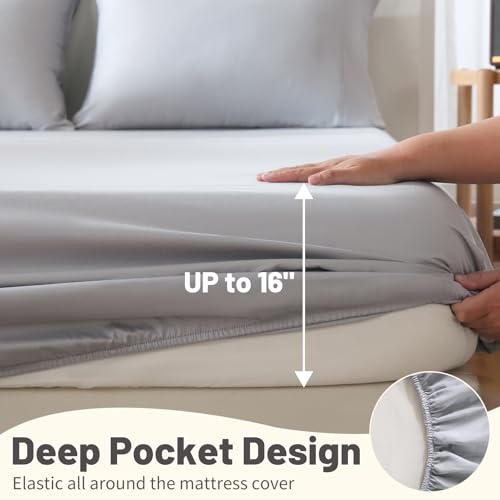 MEISHANG 1000 Thread Count Egyptian Cotton Sheets King - 100% Egyptian Cotton Sheet Set, Sateen Weave, Soft & Breathable, 16" Deep Pockets - 4 Piece (King, Silver)