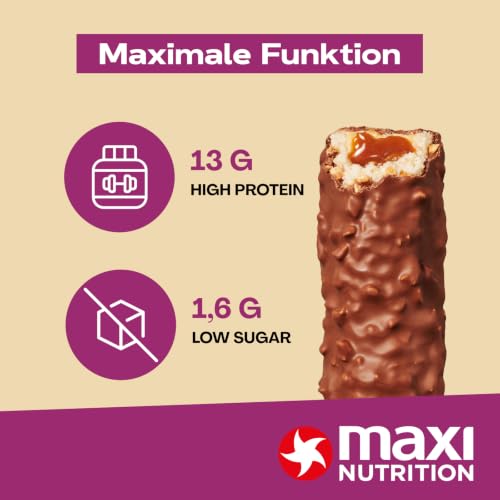 MaxiNutrition Creamy Core Bar Peanut Caramel, 12x45g Protein-Riegel, 32% Eiweiß, 15g je Riegel, low Sugar (1,4g), ohne Zuckerzusatz, ohne künstliche Aromen