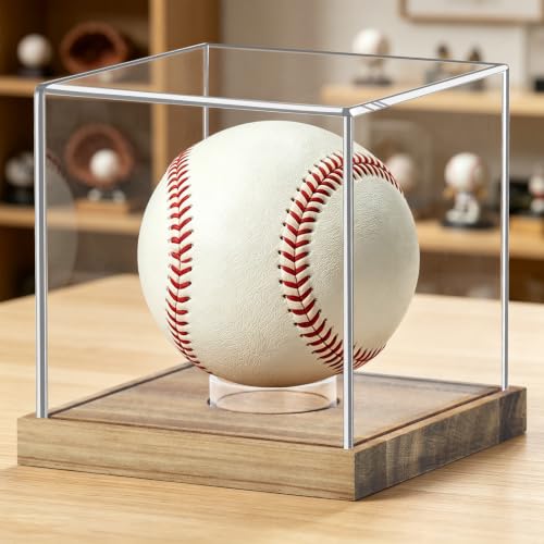 Image of Clear Acrylic Baseball Display Case with Wood Base, Single Ball Memorabilia Stand, Dust Protection Transparent Storage Box for Collections