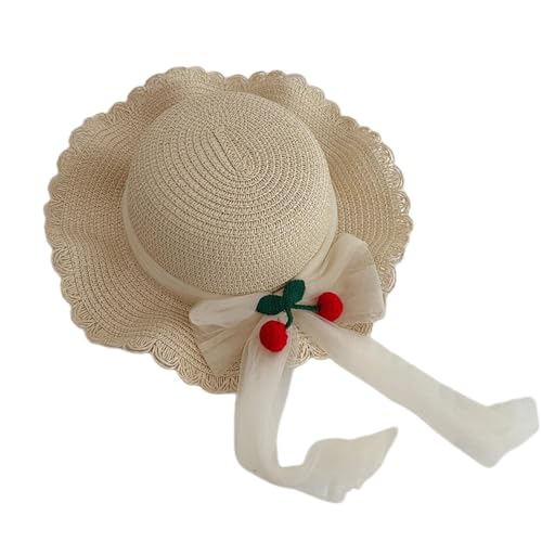 Girls Sweet Cherry Lace Bowknot Sun Hat Summer Sunblock Straw Hat Wide Brim Floppy Outdoor Beach Sun Protection Hat