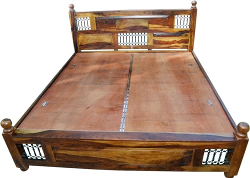 Image of Solid Sheesham Wood King Size Bed Without Storage | Wooden Double Bed Frame for Guest Room Modern Handcrafted & with Headboard |Honey Walnut Finish