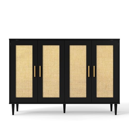 Image of Sideboard Buffet Cabinet,Kitchen Storage Sideboard with 4 Rattan Decorated Doors,Storage Cabinet, Buffet Cabinet, Sideboard, Credenza,Liquor Coffee Buffet,for Living Room, Entryway,Dining Room,black