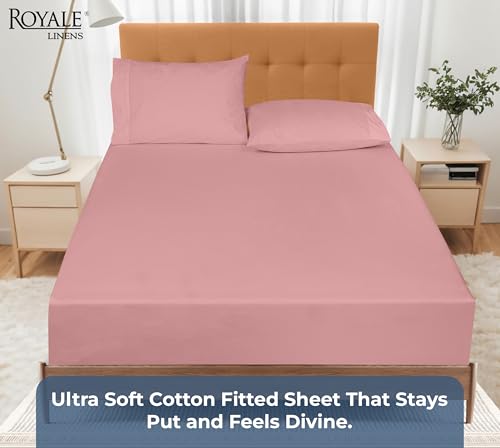 Image of Royale Linens 100% Organic Cotton Fitted Sheet - Percale Weave - Super Soft Deep Pocket Bottom Sheets - White Elastic Sheet King Size - King Fitted Sheets Only - (78 inchx80 inch+15 inch, Pink)