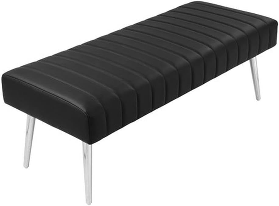 Pemberly Row Modern Upholstered Bench, Faux Leather Black, 17" H x 19" D x 45" W, High Polished Steel Legs, Contemporary Design, Versatile Seating for Living Room, Bedroom, or Entryway