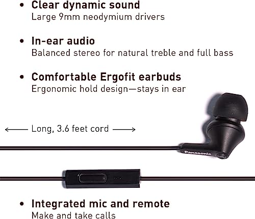 Image of Panasonic ErgoFit Earbud Headphones with Microphone and Call Controller Compatible with IPhone, Android and Blackberry - RP-TCM125-KA - In-Ear (Matte Black)