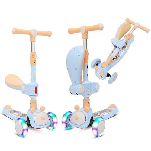 Habib Gruppe Patinete infantil 2 en 1 plegable con asiento, ruedas LED, ajustable y ligero (1-12 años), seguro y resistente, color azul