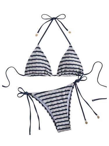MakeMeChic Women's Striped Triangle Thong Micro Bikini Sets Halter Swimsuits Bathing Suit Striped Blue a X-Large