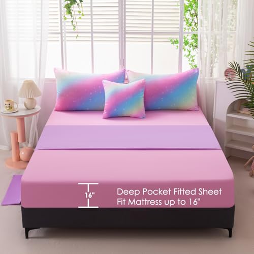 Image of 6Pcs Glitter Rainbow Kids Bed in A Bag Full Size Pink Teal Ombre Girls Bedding Comforter Set with Sheets Tie Dye Galaxy Gradient Bed Set (Pink Rainbow, Full)