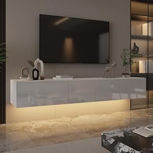 Floating LED TV Stand for TVs up to 70 Inch, Wall Mounted Entertainment Center with LED Lights, 63″ Large Storage Media Console with 3 Drawers for Living Room, White