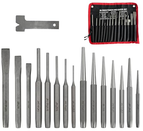 SUGOOE 16-Piece Punch and Chisel Set, Cr-V Chrome Vanadium Steel, Tapered Pin Center Punch & Cold Chisel Kit with 60° Chisel Gauge, Heavy Duty for Automotive Repair Metalworking