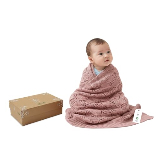 Image of Emily Design 100% Organic Cotton Baby Blanket 80 x 100 cm Pink - GOTS Certified, Soft Swaddling Cloth, 80 x 100 cm, Gender Neutral, Newborn Cuddly Blanket