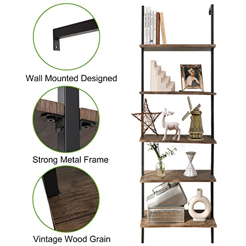 Aboxoo Ladder Shelf Open Bookshelf 5-Tier Wall-Mounted Wood Bookcase Storage Rack Open Back Industrial Modern Plant Flower Stand Utility Organizer Bookcase Metal Frame Furniture Office Kitchen Bedroom thumb #4