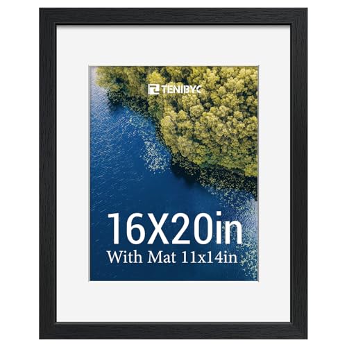 TENIBYC 16x20 Picture Frame 1 Pack, 11x14 Mat, Black Wood, Glass for Photo