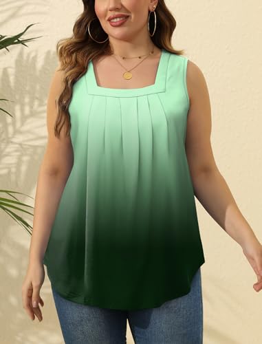 Image of Saloogoe Summer Tank Tops for Women Loose Fit Pleated Square Neck Sleeveless Tops Curved Hem Flowy