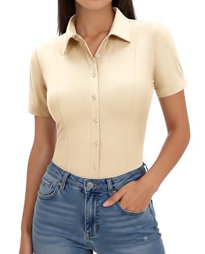 Image of Gleeivy Women's Slim Fit Button Down Shirt Stretch Short Sleeve Wrinkle-Free Work Blouse for Business Casual Office