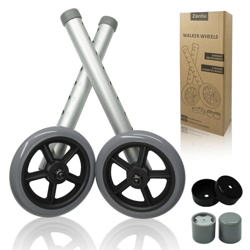 Zantle Walker Wheels Replacement - 5 Inch Wheels for Walkers for Seniors 1 Pair - for Walkers with 1 Inch Tube Diameter Walker Feet Accessories (Grey)